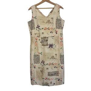 NWT Sun Moda Linen Blend Tan Floral Vacation Dress Travel Resortwear Size Medium